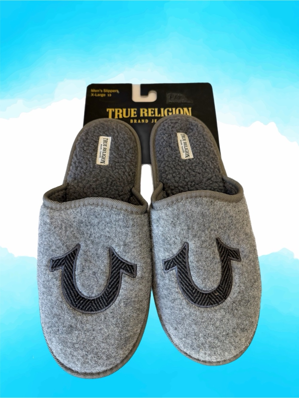 True Religion Gray Men's Slip-On Loafers with Embroidered Logo faux fur
